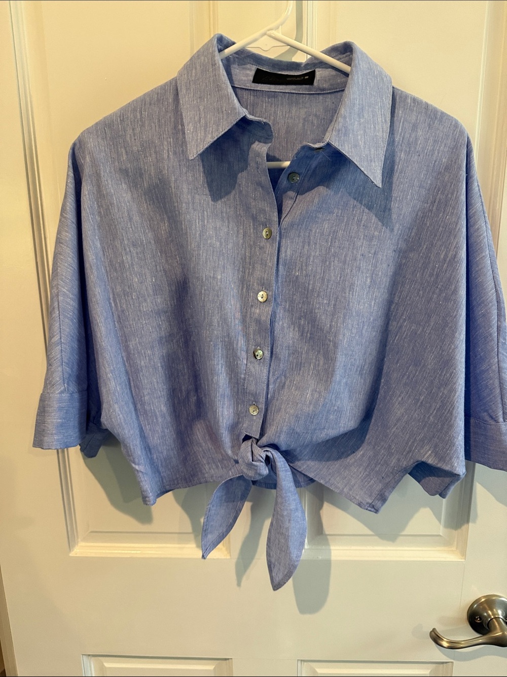 Zara Blue Tie-Front Cropped Button-Down Shirt